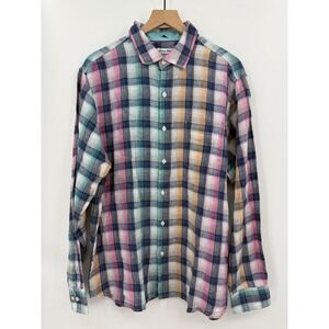 Tommy Bahama Shirt Mens Large Pink Blue Plaid 100% Linen Beach Vacation Button